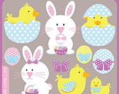 Easter digital Clip Art Instant Download- rabbit, bunny, eggs, polka dots, egg basket, dressed up eggs - Personal and Commercial Use Clipart Il_170x135
