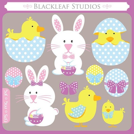 Easter digital Clip Art Instant Download- rabbit, bunny, eggs, polka dots, egg basket, dressed up eggs - Personal and Commercial Use Clipart Il_570xn