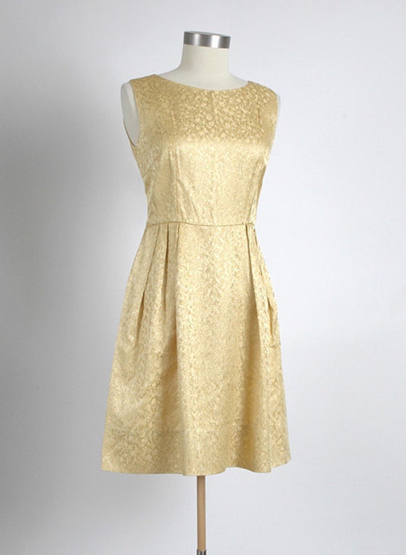 Late 1950's Vintage Sparkly Gold Damask Cocktail Dress and
