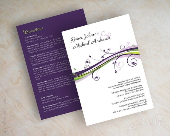 Wedding invitation, contemporary swirly floral vine wedding invitations, stationery, eggplant purple, lavender, lime green, black, Patricia