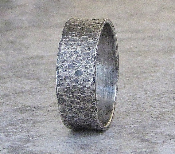 Mens Wedding Band Hammered Silver Wedding Ring Distressed Antiqued ...