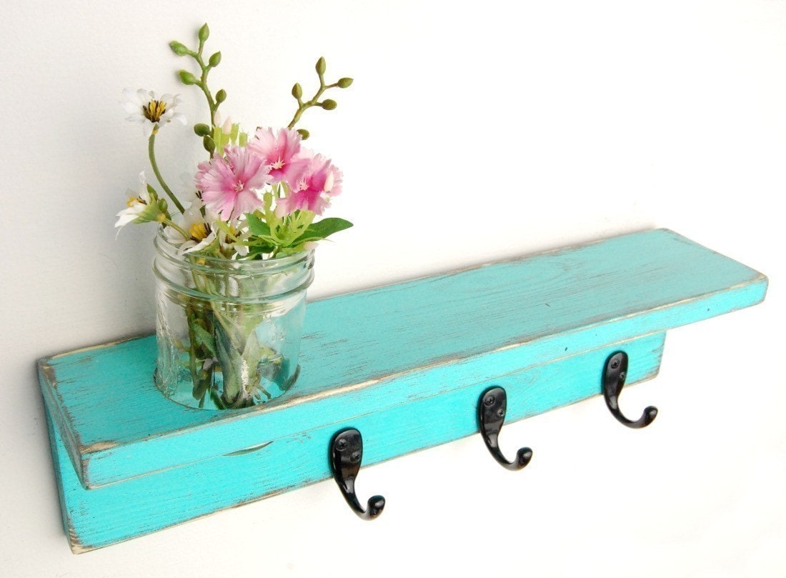 VASE wood wall hook shelf AQUA