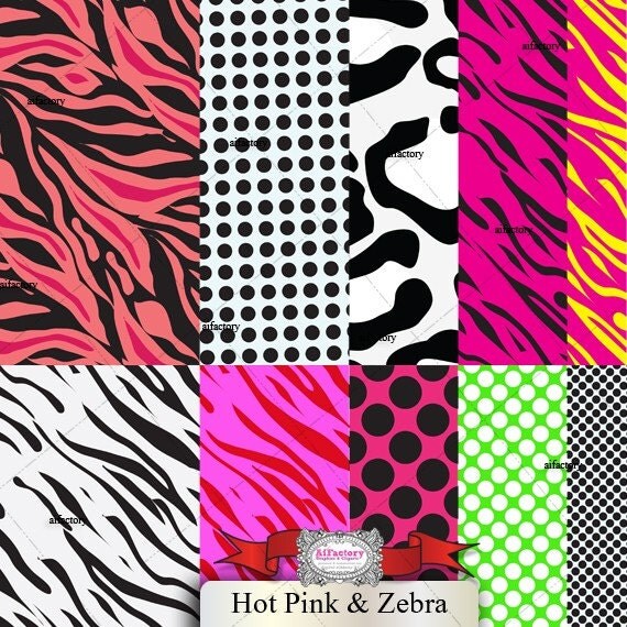 CLOSING SALE-Hot Pink Polka dots and Zeebra Digital Papers- Digital Papers Pack-Commercial and Personal Use