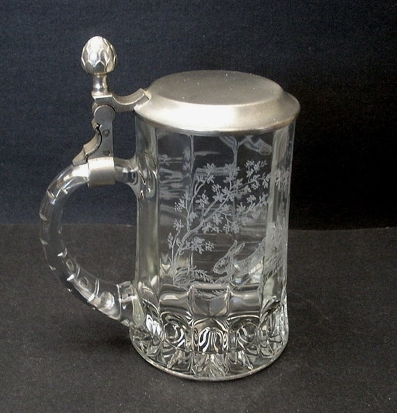 Etched Glass German Beer Stein Pewter Lid 92 Per Cent BMF