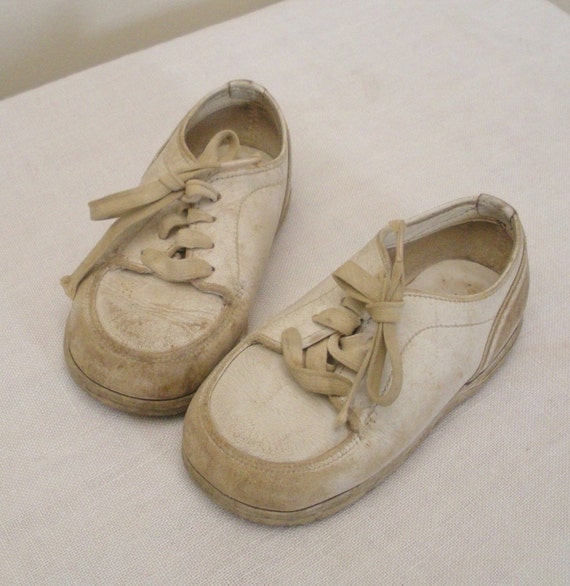 Vintage Well Worn White Leather Baby Shoes Hand Lasted