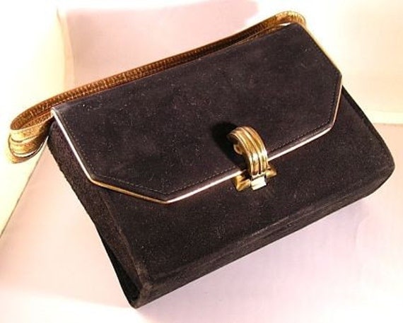 Black Suede Evening Bag clutch purse with Gold leather piping