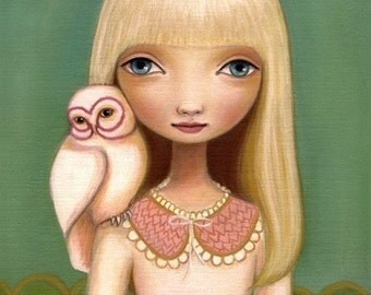 Girl owl art owl illustration print 8x10 pink dress green yellow dream woodland pop surrealism Elsa by Marisol Spoon