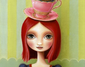Girl, teacup, schooner - Long Trip To Tea Time- LARGE print 11x14 on premium matte - alice in wonderland inspired art by Marisol Spoon