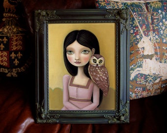 Framed Owl art print big eyed girl portrait fawn owl fox hare - 11x14 frame - painting - fairytale pop surrealism by Marisol Spoon