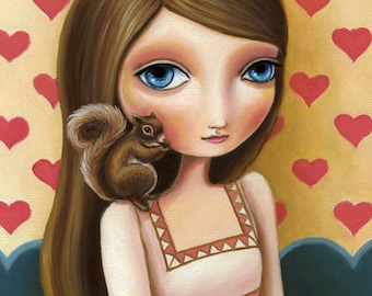 Girl and squirrel art poster heart print big eyed girl blue eyed brown hair LARGE 11x14 print vintage inspired art Greta by Marisol Spoon