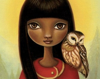 Girl and owl art - Tia LARGE print 11x14 on premium matte - woodland pop surrealism by Marisol Spoon
