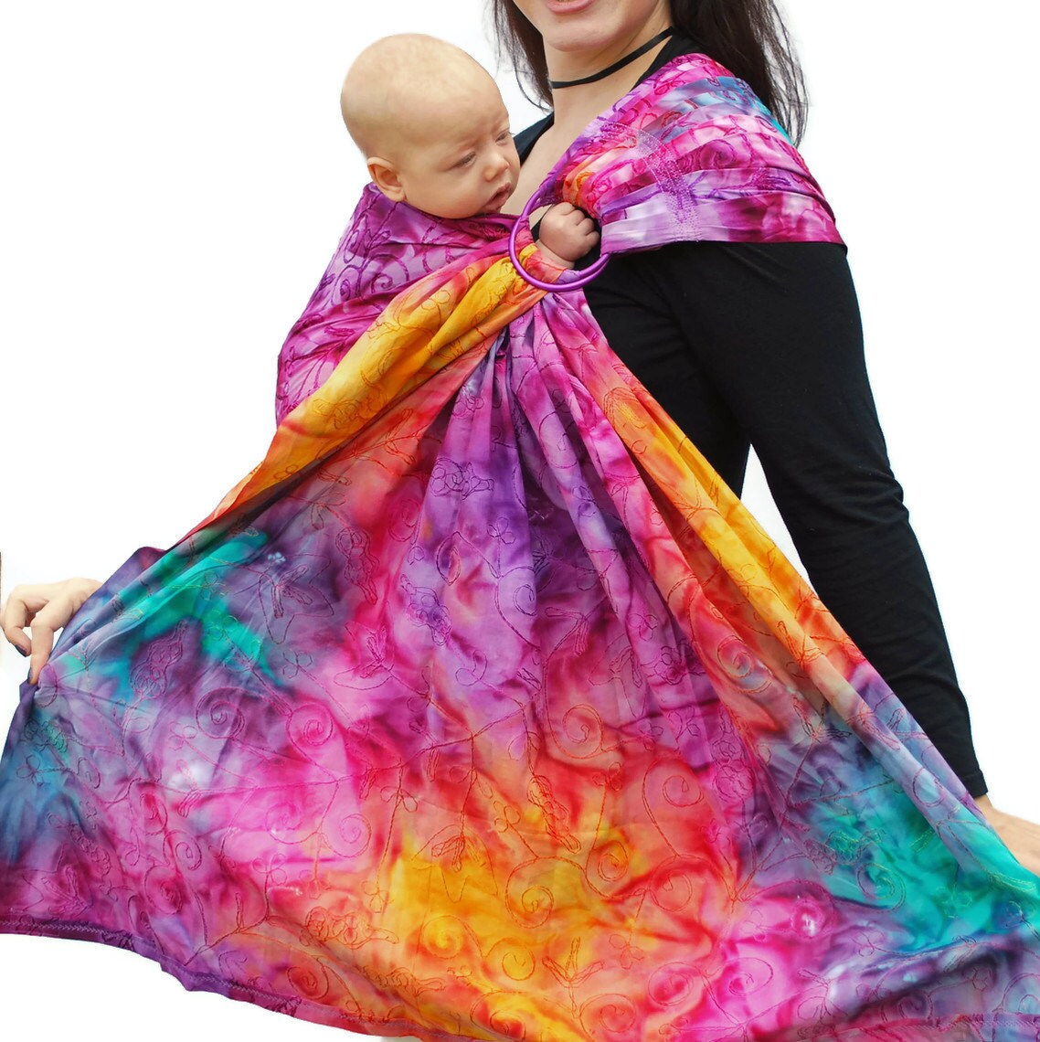 Baby Carrier Ring Sling Embroidered Batik in Rainbow Superwide