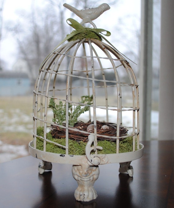 Antique Style Bird Cage Floral Arrangement by ThePinkFrontDoor