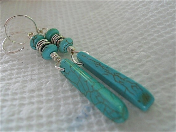 Turquoise Earrings Dagger Beads in Bluey Green Stone and
