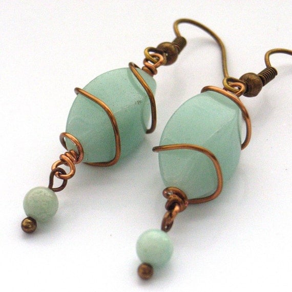 Earrings gemstone wire work amazonite by BlueForestJewellery