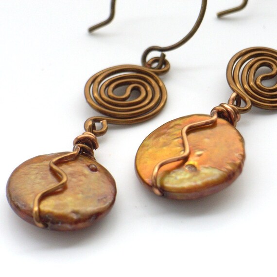 Earrings coin pearl wire work antique by BlueForestJewellery