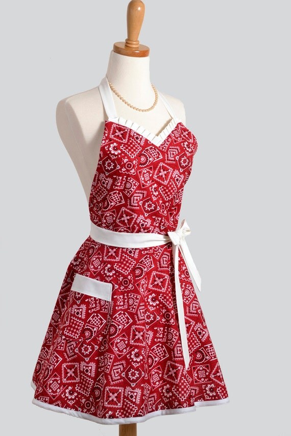 Womens Sweetheart Hostess Apron Retro Ruffled Red Bandanna