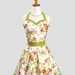 Womens Sweetheart Hostess Apron , Ruffled Sweetheart Neckline in Spring Apple Blossom Green and Pink on White
