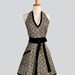 Halter Womens Apron . Cute Handmade Full Bib Kitchen Halter Apron Made With One Piece Skirt in Black and Tan Design and Trimmed with Black