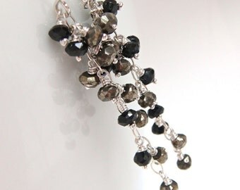 Night Out Earrings, Gold Black Sterling Silver Cluster Earrings, Pyrite Spinel Gemstone Dangle Earrings, aubepine