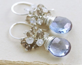 Blue Stone Moonstone Cluster Earrings, Sterling Silver Dangle Earrings, aubepine