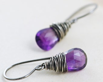 Amethyst Earrings Wrapped in Sterling Silver, February Birthstone, Purple Gemstone Dangle Earrings, aubepine