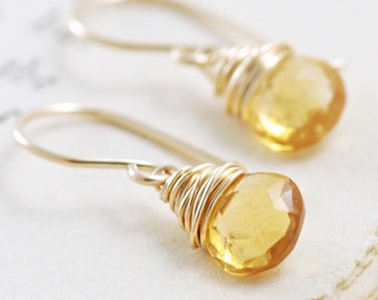 Citrine Earrings Wrapped in 14k Gold Fill, Yellow Gemstone Earrings, Handmade, aubepine