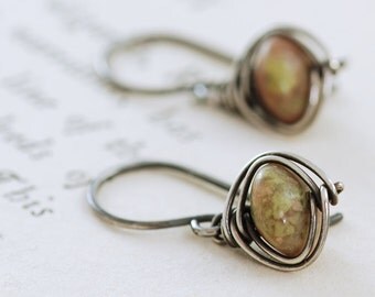 Autumn Gemstone Dangle Earrings, Sterling Silver Jasper Earrings, Wire Wrapped Handmade, aubepine