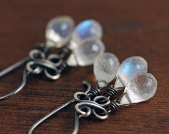 Moonstone Chandelier Earrings, Sterling Silver Gemstone Dangle Earrings, Handmade Clovers, aubepine