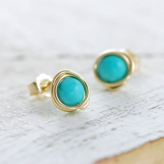 Turquoise Post Earrings Wrapped in 14k Gold Fill aubepine