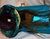 Bridesmaid Clutch Teal Satin clutch with Teal Purple and Olive Layered Handmade flower with Peacock Feather Accent