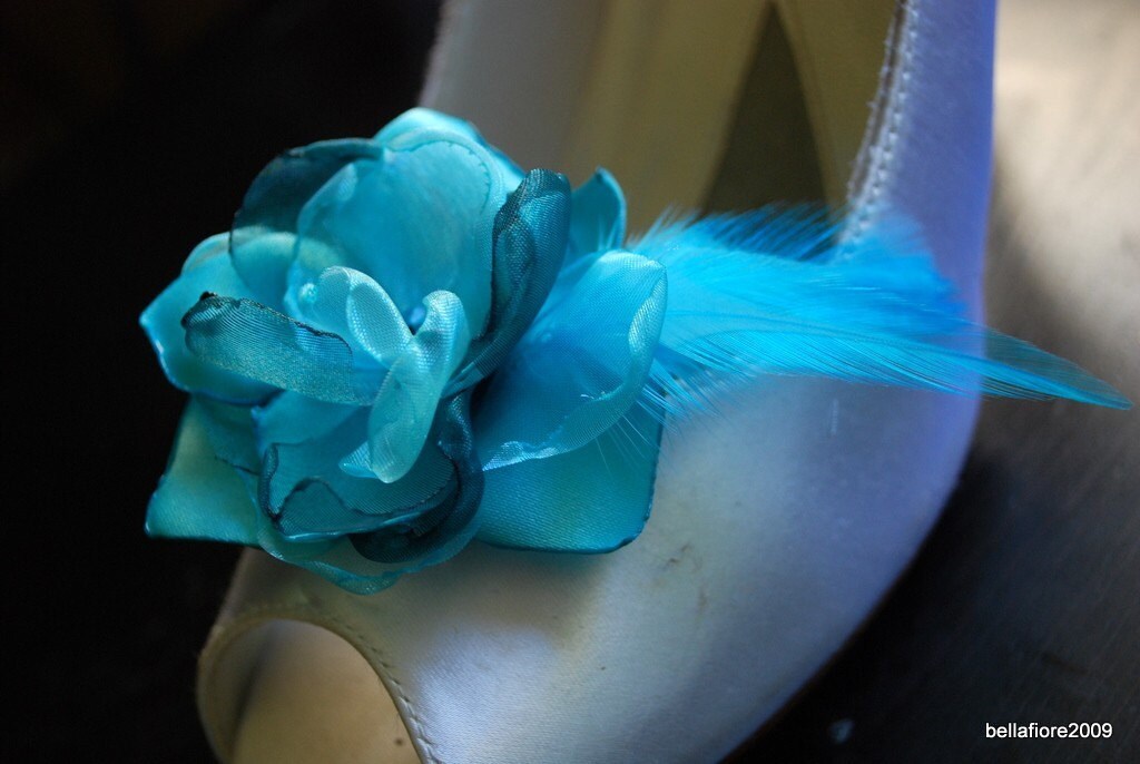 SHOE CLIPS/ Turquoise/aquamarine/teal organza satin handmade