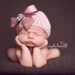 LAST ONE - Organic Cotton Beanie Hat - Light Pink/Mauve Hat with Satin Bow and Rhinestone - Fancy Newborn Photo Prop