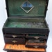 Antique Black Machinist Chest Tool Box Hinged Lid Industrial Era Vintage Leather Chest With Handle