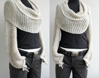 Hand Knitted Long Sleeves Beige Bolero - Scarf - Shawl - Neckwarmer For Bridal for Bridesmaids fall wedding gift for Her