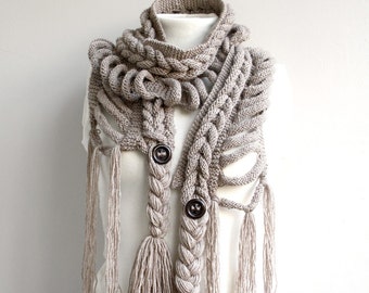 Hand Knitted Milky Brown Wool Scarf with Brown Button / Winter Knit Accessories