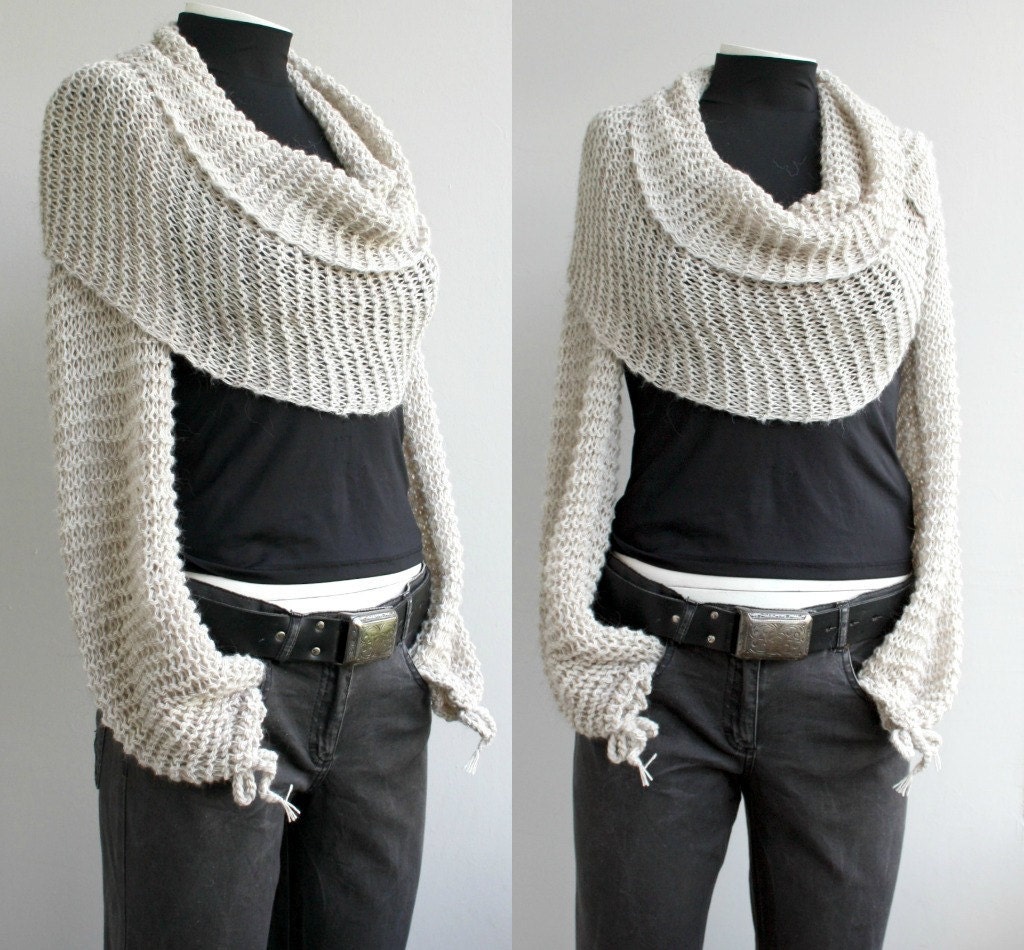 Hand Knitted Long Sleeves Beige Bolero Scarf Winter Knit