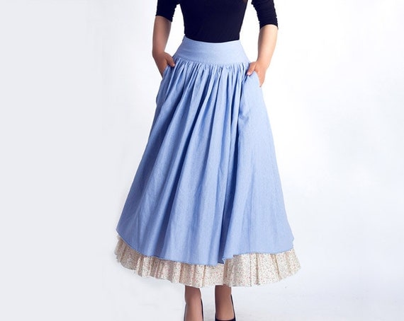 maxi skirt powder blue skirt retro skirt linen