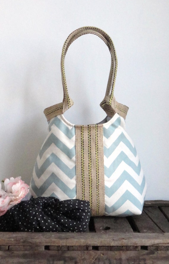 Blue and white chevron hobo bag with burlap