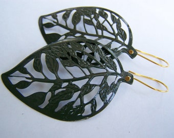 Big and Bold Olive Green Leaf Skeleton Earrings - Enamel Plated Earrings - Filigree Earrings - Fall Autumn Winter gifts