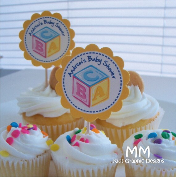 Items similar to Blocks Theme 30 Cupcake Toppers Personalized