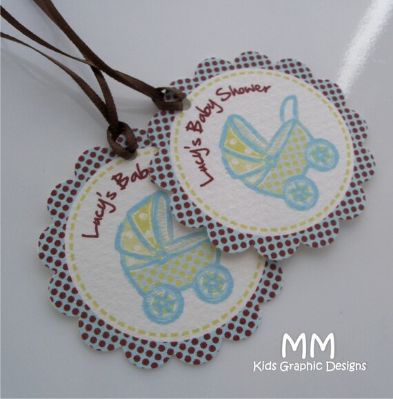 40 Thank You 2inch circle Tags with scalloped edges - Baby Carriage Theme - Birthday - Baby Shower - Baptism - Thank You - Personalized Il_570xn