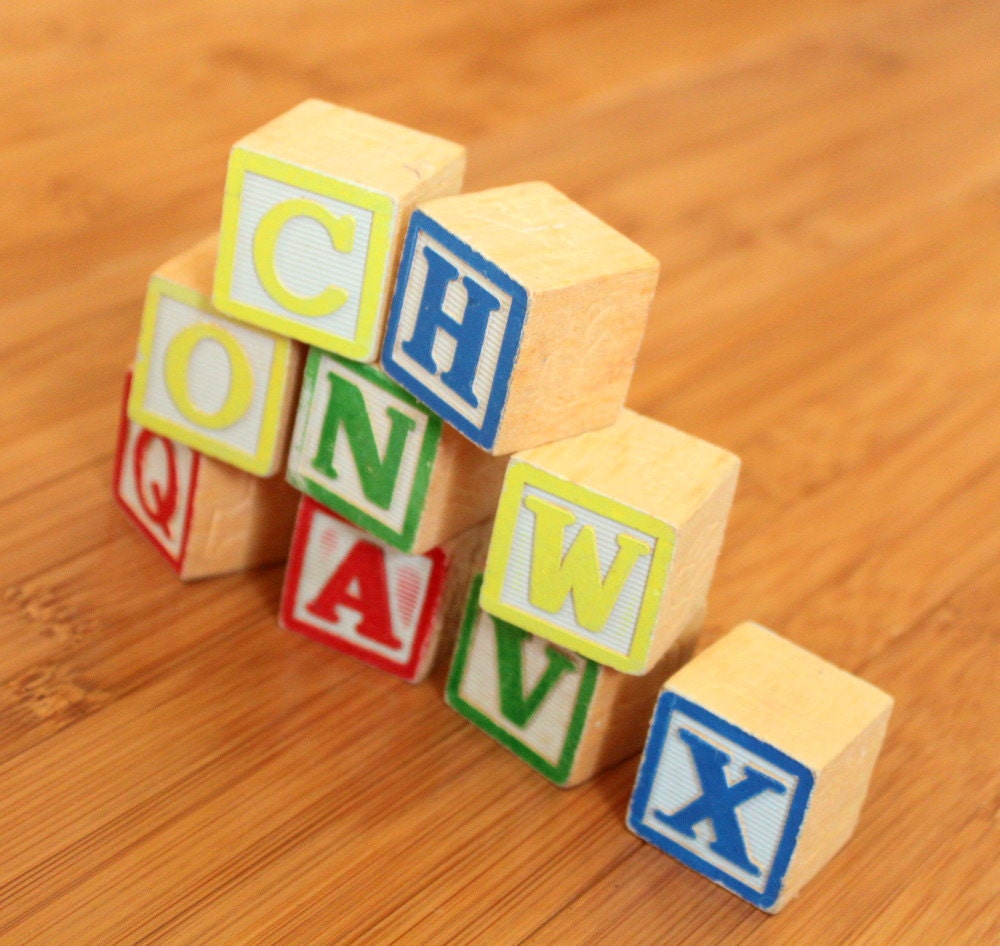 Vintage Children's Wooden Play Blocks with Letters Set of