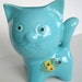Blue Big Head Kitty Cat Ceramic Coin Bank, with Yellow Flowers, Retro 1970's Home Decor, Childs Room, Kids Room, Under 20