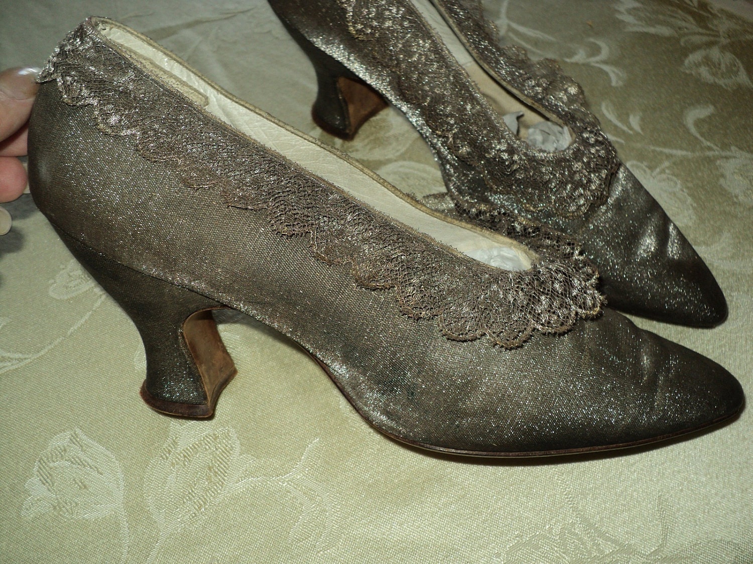 Items similar to 1920s Antique Metallic Silver Lame Lace Louis Heel ...