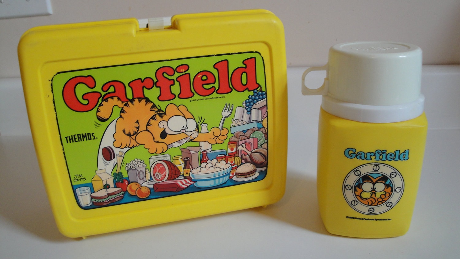 1970s Vintage Garfield Lunch Box & Thermos Yellow Plastic