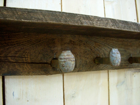 Rustic Barn wood Railroad Spike Shelf Five Spike Hooks