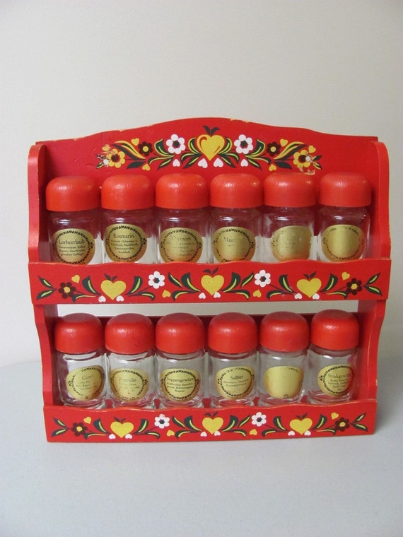 Vintage Red 12 Bottle Folk Art German Spice Rack