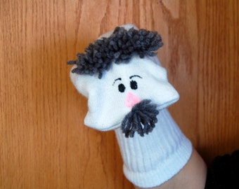 GrandFather Man with moveable mouth Sock Puppet grey hair