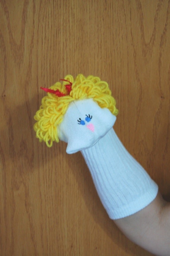 Curly blond yarn hair blue eyes Girl Sock Puppet from Puppets